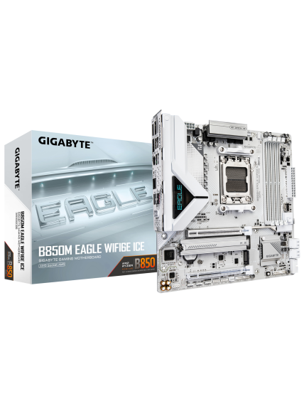 Gigabyte B850M EAGLE WF6E ICE | Processor family AMD | Processor socket AM5 | DDR5 | Supported hard disk drive interfaces SATA, M.2 | Number of SATA connectors 4 Gigabyte B850M EAGLE WF6E ICE | Processor family AMD | Processor socket AM5 | DDR5 | Supported hard disk drive interfaces SATA, M.2 | Number of SATA connectors 4