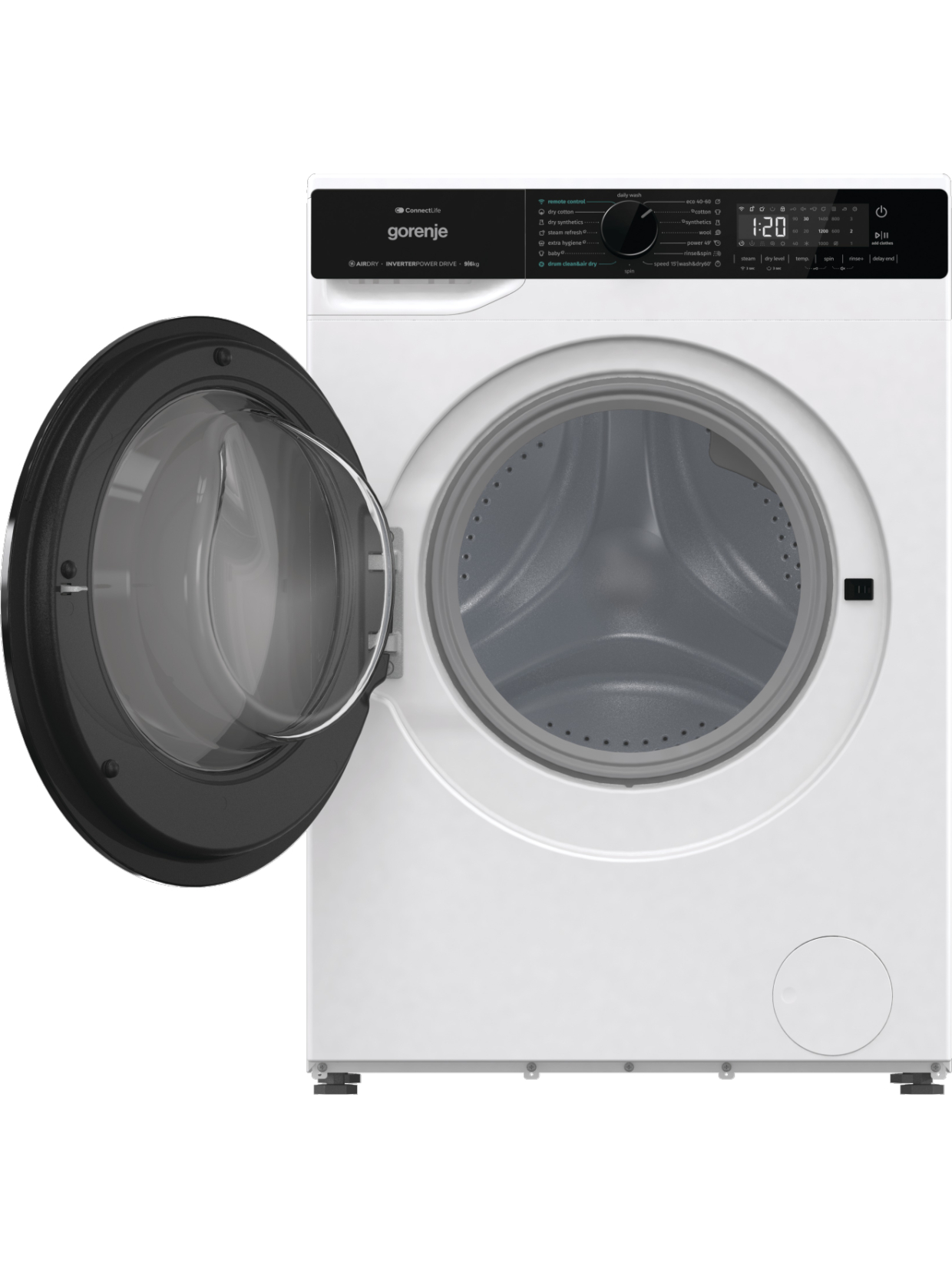 Gorenje Washing Machine with Dryer | WD2PA964ADW | Energy efficiency class A/D | Front loading | Washing capacity 9 kg | 1400 RPM | Depth 55 cm | Width 60 cm | Display | LED | Drying system | Drying capacity 6 kg | Steam function | Wi-Fi | White 2