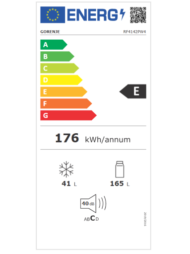 Gorenje Refrigerator | RF4142PW4 | Energy efficiency class E | Free standing | Combi | Height 143.6 cm | Fridge net capacity 165 L | Freezer net capacity 41 L | 40 dB | White 2 Gorenje Refrigerator | RF4142PW4 | Energy efficiency class E | Free standing | Combi | Height 143.6 cm | Fridge net capacity 165 L | Freezer net capacity 41 L | 40 dB | White 2