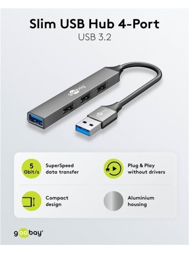 Goobay Slim 4-Port USB Hub, USB-A to USB-A, 5 Gbit/s | 74456 Goobay Slim 4-Port USB Hub, USB-A to USB-A, 5 Gbit/s | 74456