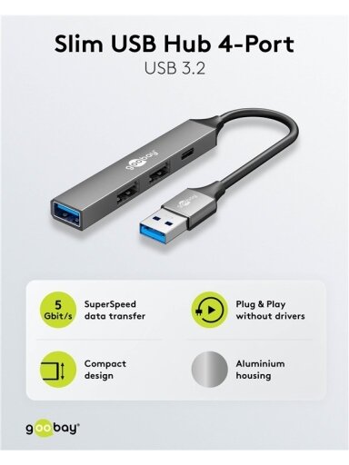 Goobay Slim 4-Port USB Hub, USB-A to USB-C/USB-A, 5 Gbit/s | 74458 Goobay Slim 4-Port USB Hub, USB-A to USB-C/USB-A, 5 Gbit/s | 74458