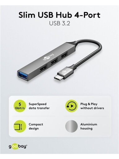 Goobay Slim 4-Port USB Hub, USB-C to USB-A, 5 Gbit/s | 74457 Goobay Slim 4-Port USB Hub, USB-C to USB-A, 5 Gbit/s | 74457