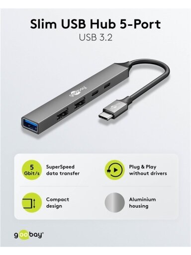 Goobay Slim 5-Port USB Hub, USB-C to USB-C/USB-A, 5 Gbit/s | 74460 Goobay Slim 5-Port USB Hub, USB-C to USB-C/USB-A, 5 Gbit/s | 74460