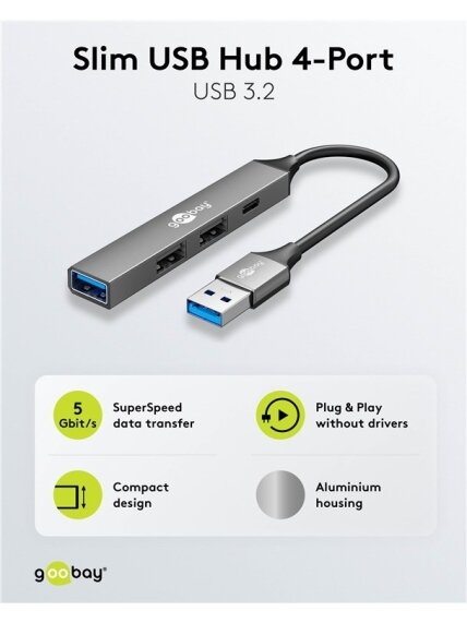 Goobay Slim 4-Port USB Hub, USB-A to USB-C/USB-A, 5 Gbit/s | 74458 1