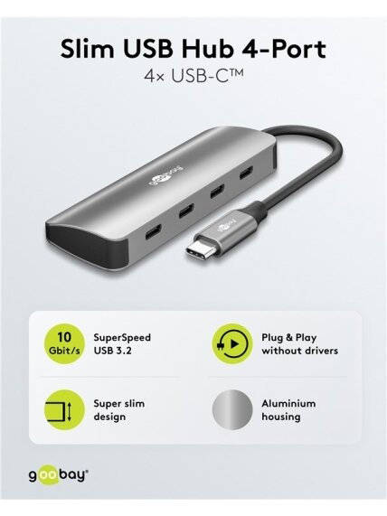 Goobay Slim 4-Port USB-Hub, USB-C auf USB-C, 10 Gbit/s, Grey | 76565 3 Goobay Slim 4-Port USB-Hub, USB-C auf USB-C, 10 Gbit/s, Grey | 76565 3