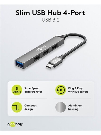 Goobay Slim 4-Port USB Hub, USB-C to USB-A, 5 Gbit/s | 74457 1 Goobay Slim 4-Port USB Hub, USB-C to USB-A, 5 Gbit/s | 74457 1
