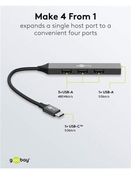 Goobay Slim 4-Port USB Hub, USB-C to USB-A, 5 Gbit/s | 74457 2 Goobay Slim 4-Port USB Hub, USB-C to USB-A, 5 Gbit/s | 74457 2