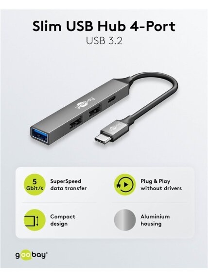 Goobay Slim 4-Port USB Hub, USB-C to USB-C/USB-A, 5 Gbit/s | 74459 1
