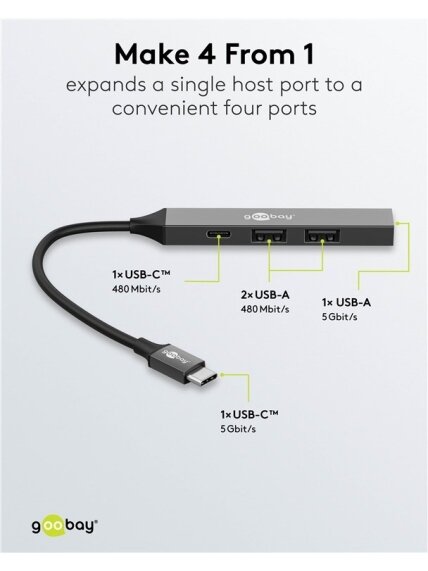 Goobay Slim 4-Port USB Hub, USB-C to USB-C/USB-A, 5 Gbit/s | 74459 2 Goobay Slim 4-Port USB Hub, USB-C to USB-C/USB-A, 5 Gbit/s | 74459 2
