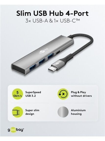 Goobay Slim 4-Port USB Hub, USB-C to USB-C/USB-A, 5 Gbit/s | 76562 3 Goobay Slim 4-Port USB Hub, USB-C to USB-C/USB-A, 5 Gbit/s | 76562 3