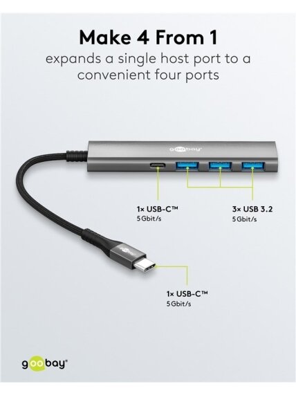 Goobay Slim 4-Port USB Hub, USB-C to USB-C/USB-A, 5 Gbit/s | 76562 4 Goobay Slim 4-Port USB Hub, USB-C to USB-C/USB-A, 5 Gbit/s | 76562 4