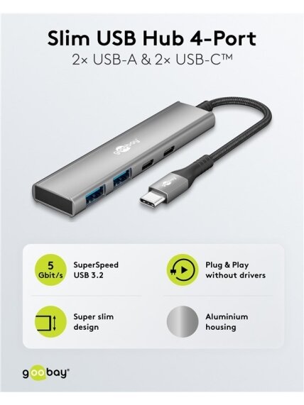 Goobay Slim 4-Port USB Hub, USB-C to USB-C/USB-A, 5 Gbit/s | 76563 3 Goobay Slim 4-Port USB Hub, USB-C to USB-C/USB-A, 5 Gbit/s | 76563 3