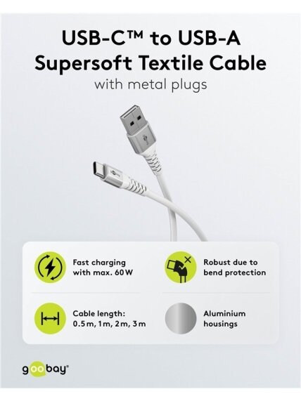 Goobay | USB-C to USB-A Supersoft Textile Cable with Metal Plugs | 74530 2 Goobay | USB-C to USB-A Supersoft Textile Cable with Metal Plugs | 74530 2