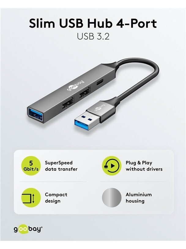 Goobay Slim 4-Port USB Hub, USB-A to USB-C/USB-A, 5 Gbit/s | 74458 1