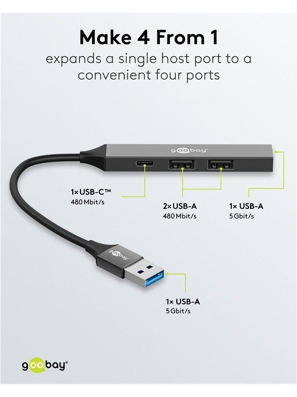 Goobay Slim 4-Port USB Hub, USB-A to USB-C/USB-A, 5 Gbit/s | 74458 2 Goobay Slim 4-Port USB Hub, USB-A to USB-C/USB-A, 5 Gbit/s | 74458 2