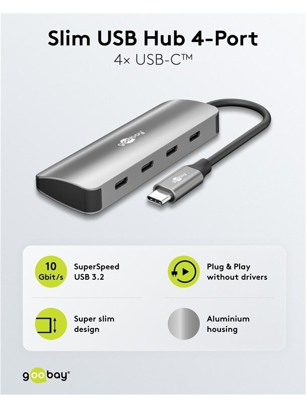 Goobay Slim 4-Port USB-Hub, USB-C auf USB-C, 10 Gbit/s, Grey | 76565 3 Goobay Slim 4-Port USB-Hub, USB-C auf USB-C, 10 Gbit/s, Grey | 76565 3