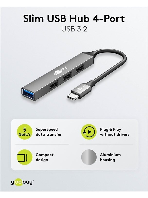 Goobay Slim 4-Port USB Hub, USB-C to USB-A, 5 Gbit/s | 74457 1