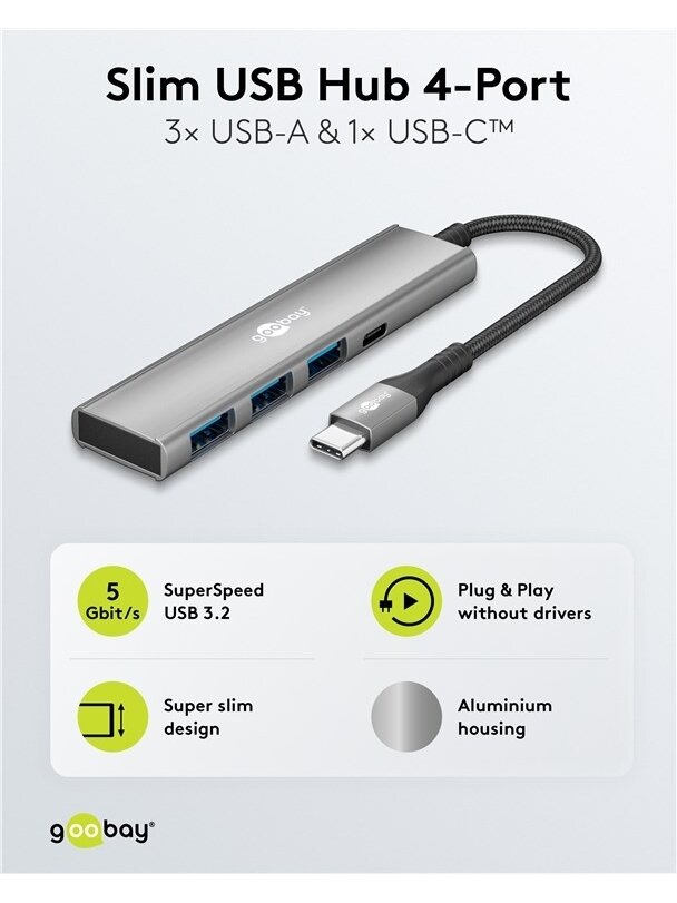 Goobay Slim 4-Port USB Hub, USB-C to USB-C/USB-A, 5 Gbit/s | 76562 3 Goobay Slim 4-Port USB Hub, USB-C to USB-C/USB-A, 5 Gbit/s | 76562 3