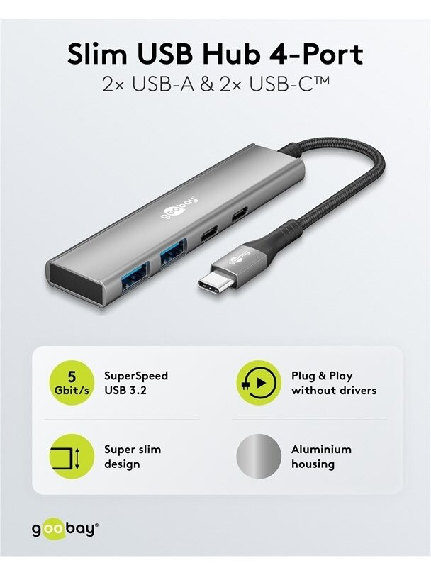 Goobay Slim 4-Port USB Hub, USB-C to USB-C/USB-A, 5 Gbit/s | 76563 3 Goobay Slim 4-Port USB Hub, USB-C to USB-C/USB-A, 5 Gbit/s | 76563 3