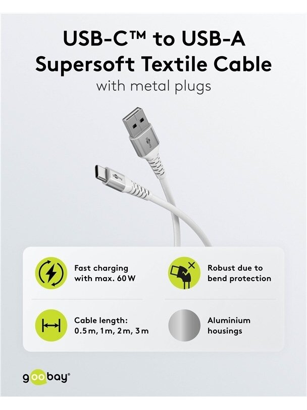 Goobay | USB-C to USB-A Supersoft Textile Cable with Metal Plugs | 74530 2 Goobay | USB-C to USB-A Supersoft Textile Cable with Metal Plugs | 74530 2