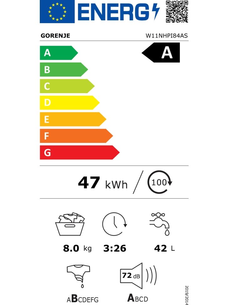 Gorenje | Washing Machine | W11NHPI84AS | Energy efficiency class A | Front loading | Washing capacity 8 kg | 1400 RPM | Depth 54 cm | Width 60 cm | Display | LED | Steam function | White 11