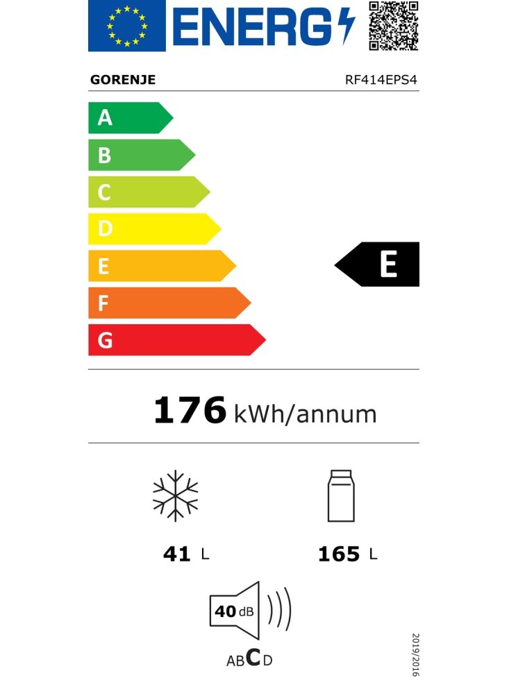 Gorenje Refrigerator | RF414EPS4 | Energy efficiency class E | Free standing | Double Door | Height 143.6 cm | Fridge net capacity 165 L | Freezer net capacity 41 L | 40 dB | Grey 2 Gorenje Refrigerator | RF414EPS4 | Energy efficiency class E | Free standing | Double Door | Height 143.6 cm | Fridge net capacity 165 L | Freezer net capacity 41 L | 40 dB | Grey 2