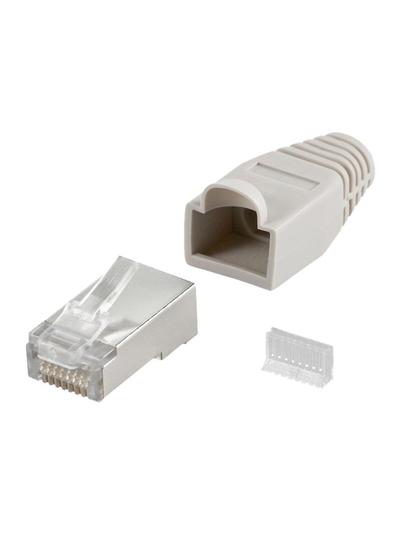 Goobay 68746 RJ45 plug, CAT 5e STP shielded with strain-relief boot, grey | for round cable with Threader cable lead in 6.4 mm single packed (1 set per polybag) Technical specifications Connections Connection, type RJ45 male (8P8C) Connection, co Goobay 68746 RJ45 plug, CAT 5e STP shielded with strain-relief boot, grey | for round cable with Threader cable lead in 6.4 mm single packed (1 set per polybag) Technical specifications Connections Connection, type RJ45 male (8P8C) Connection, co
