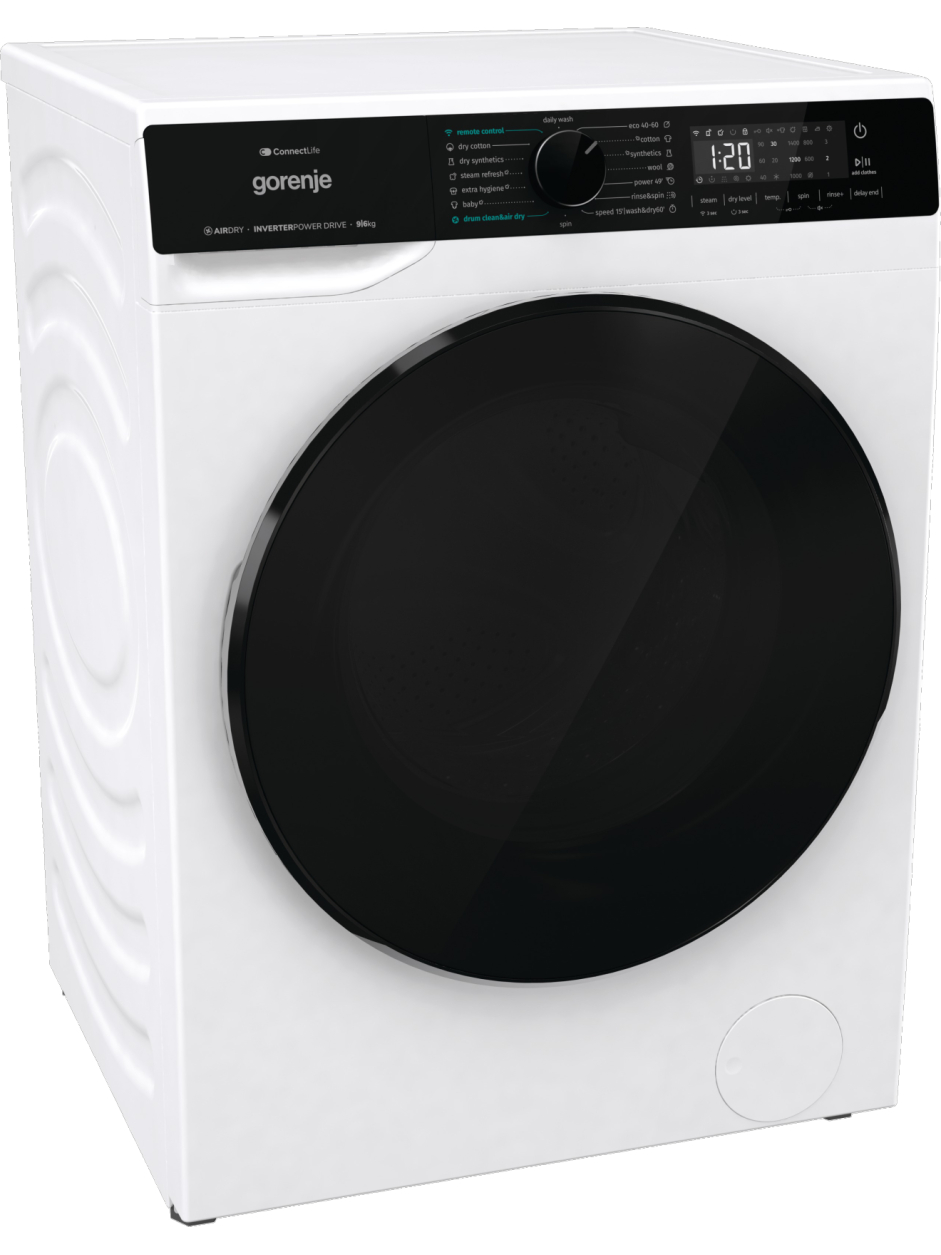 Gorenje Washing Machine with Dryer | WD2PA964ADW | Energy efficiency class A/D | Front loading | Washing capacity 9 kg | 1400 RPM | Depth 55 cm | Width 60 cm | Display | LED | Drying system | Drying capacity 6 kg | Steam function | Wi-Fi | White 1