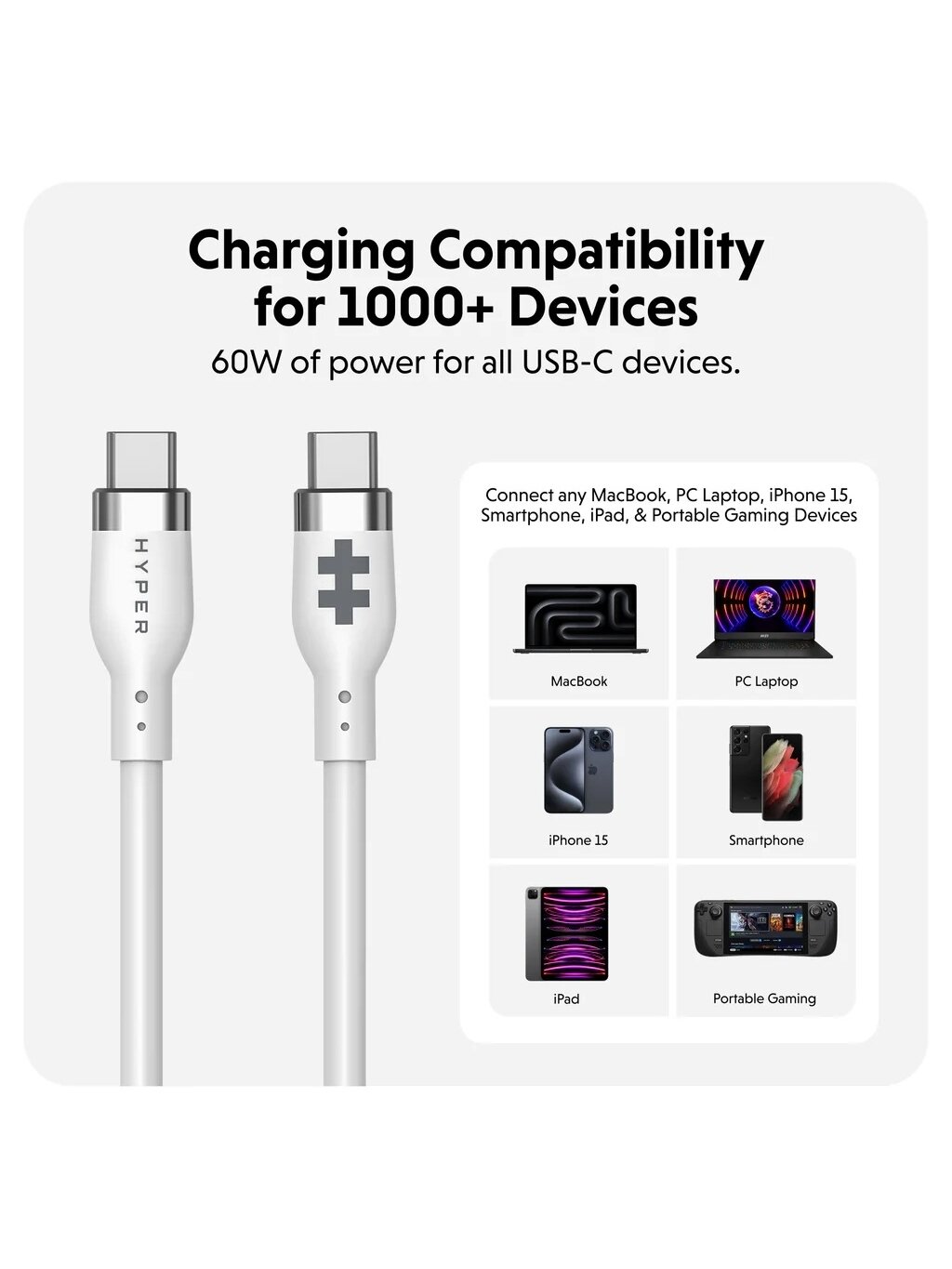 Hyper | HyperJuice USB-C Silicone Charging Cable, 1.5 m, White | HJ4011WHGL 2 Hyper | HyperJuice USB-C Silicone Charging Cable, 1.5 m, White | HJ4011WHGL 2