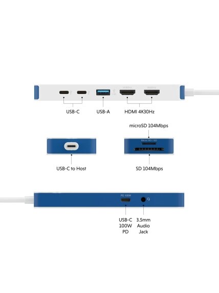 Hyper HyperDrive Flex 9 Port Dual 4K HDMI Dock, White/Blue | HD4103BUGL | HDMI ports quantity 2 6 Hyper HyperDrive Flex 9 Port Dual 4K HDMI Dock, White/Blue | HD4103BUGL | HDMI ports quantity 2 6