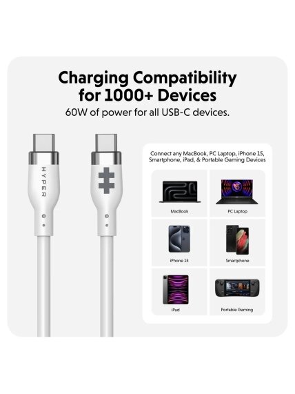 Hyper | HyperJuice USB-C Silicone Charging Cable, 1.5 m, White | HJ4011WHGL 2 Hyper | HyperJuice USB-C Silicone Charging Cable, 1.5 m, White | HJ4011WHGL 2