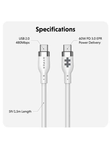 Hyper | HyperJuice USB-C Silicone Charging Cable, 1.5 m, White | HJ4011WHGL 5 Hyper | HyperJuice USB-C Silicone Charging Cable, 1.5 m, White | HJ4011WHGL 5