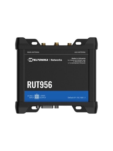 Industrial Router | RUT956 | 802.11n | 10/100 Mbit/s | Ethernet LAN (RJ-45) ports 4 | Mesh Support No | MU-MiMO No | 2G/3G/4G | Antenna type 2 x SMA for LTE, 2 x RP-SMA for WiFi, 1 x SMA for GNSS | 1x USB 2.0 Industrial Router | RUT956 | 802.11n | 10/100 Mbit/s | Ethernet LAN (RJ-45) ports 4 | Mesh Support No | MU-MiMO No | 2G/3G/4G | Antenna type 2 x SMA for LTE, 2 x RP-SMA for WiFi, 1 x SMA for GNSS | 1x USB 2.0