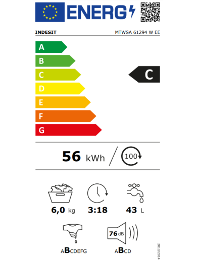 INDESIT | Washing Machine | MTWSA 61294 W EE | Energy efficiency class C | Front loading | Washing capacity 6 kg | 1200 RPM | Depth 42.5 cm | Width 59.5 cm | Display | LED | White 4