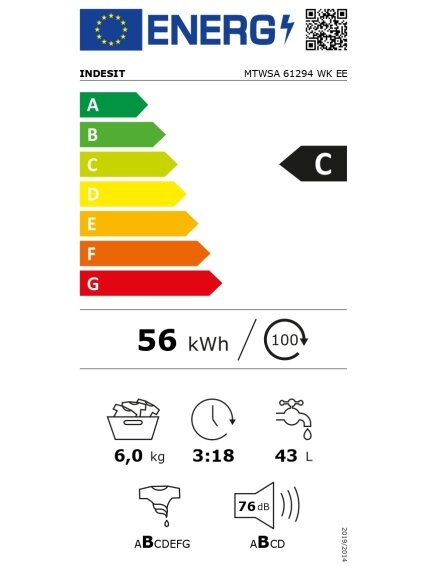 INDESIT | Washing machine | MTWSA 61294 WK EE | Energy efficiency class C | Front loading | Washing capacity 6 kg | 1151 RPM | Depth 42.5 cm | Width 59.5 cm | Display | Big Digit | White 3