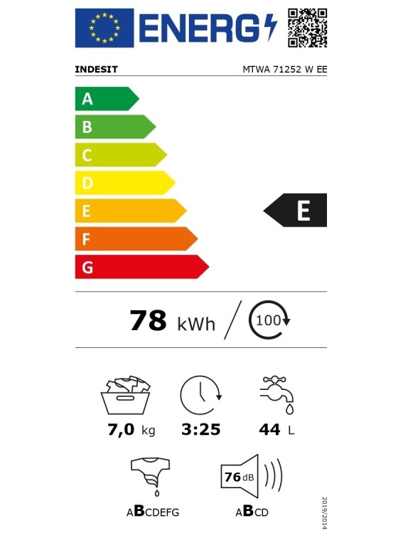 INDESIT | Washing machine | MTWA 71252 W EE | Energy efficiency class E | Front loading | Washing capacity 7 kg | 1200 RPM | Depth 54 cm | Width 59.5 cm | Display | LED | White 5
