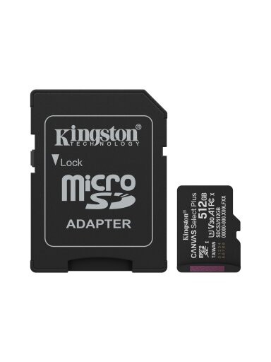 Kingston Canvas Select Plus | 512 GB | microSD | Flash memory class Class 10, UHS-I, U1/U3, video class 10/30, A1