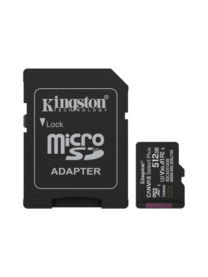 Kingston Canvas Select Plus | 512 GB | microSD | Flash memory class Class 10, UHS-I, U1/U3, video class 10/30, A1