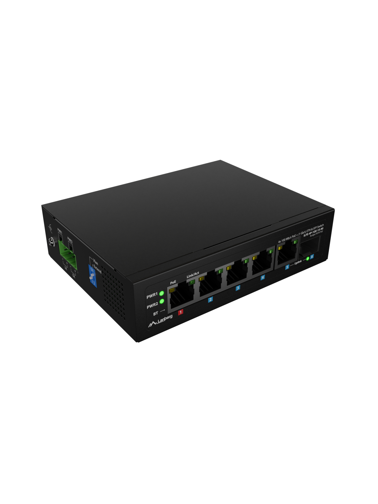 Lanberg Switch PoE 1xBT 3xAT SFP/ETH Din Unmanagment Fast Ethernet | ILFE-4P-1GE-1S-90 1 Lanberg Switch PoE 1xBT 3xAT SFP/ETH Din Unmanagment Fast Ethernet | ILFE-4P-1GE-1S-90 1