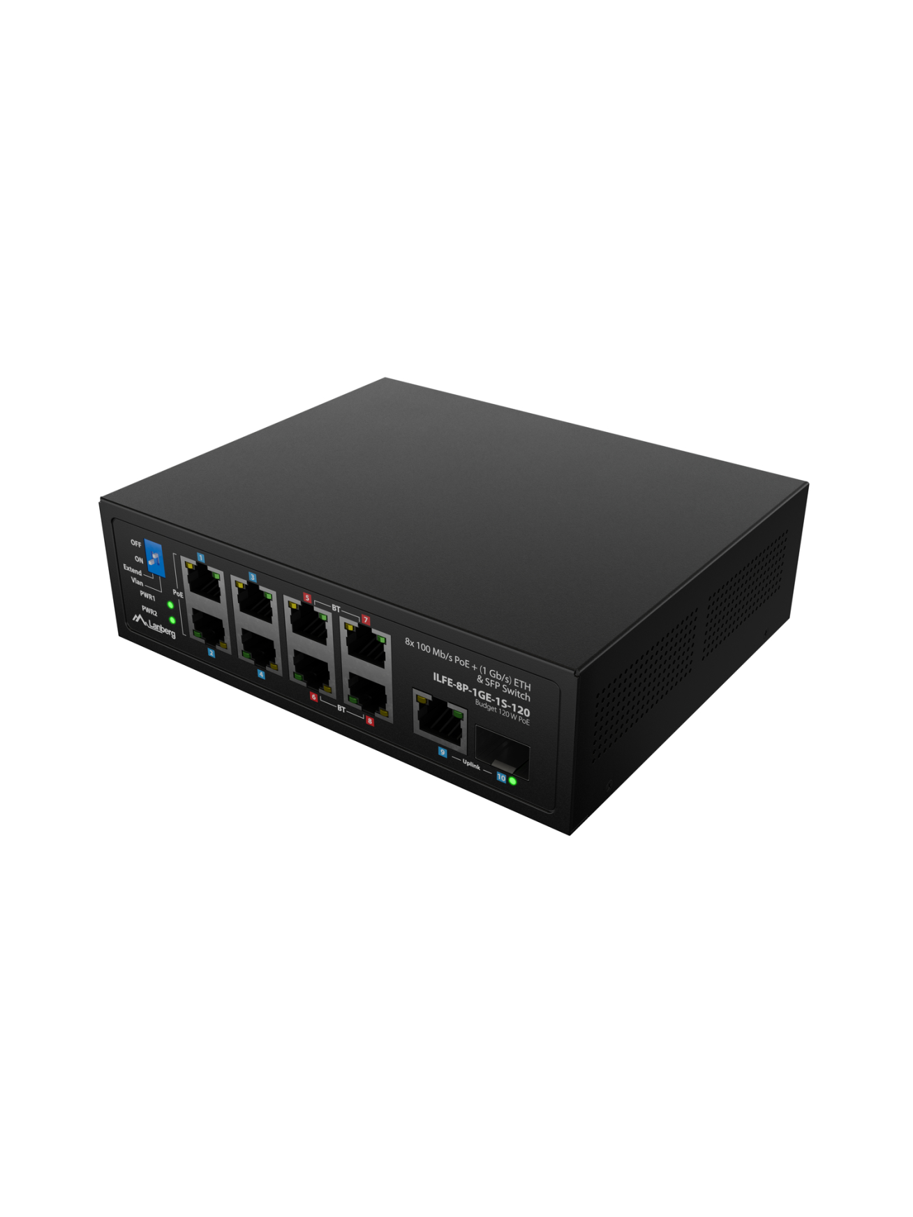 Lanberg Switch PoE 4xBT 4xAT SFP/ETH Din Unmanagment Fast Ethernet | ILFE-8P-1GE-1S-120 | Unmanaged | Din rail, Rack