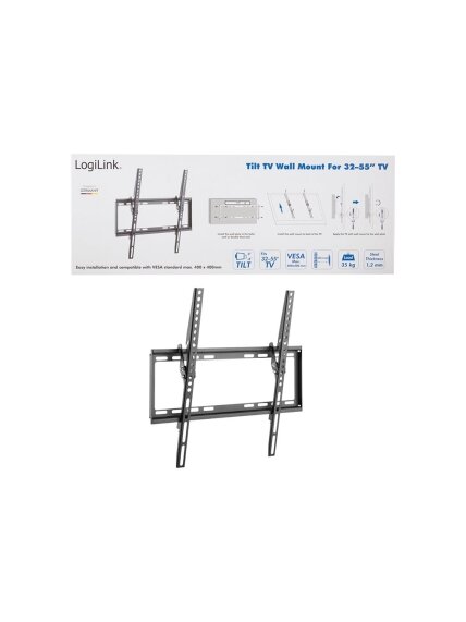 Logilink BP0037 TV Wall mount, 32"-55", tilt, small | Logilink | BP0037 TV Wall mount, 32"-55", tilt, small | 32–55 " | Maximum weight (capacity) 35 kg 1 Logilink BP0037 TV Wall mount, 32"-55", tilt, small | Logilink | BP0037 TV Wall mount, 32"-55", tilt, small | 32–55 " | Maximum weight (capacity) 35 kg 1