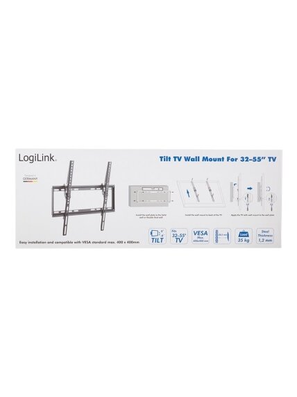Logilink BP0037 TV Wall mount, 32"-55", tilt, small | Logilink | BP0037 TV Wall mount, 32"-55", tilt, small | 32–55 " | Maximum weight (capacity) 35 kg 3 Logilink BP0037 TV Wall mount, 32"-55", tilt, small | Logilink | BP0037 TV Wall mount, 32"-55", tilt, small | 32–55 " | Maximum weight (capacity) 35 kg 3