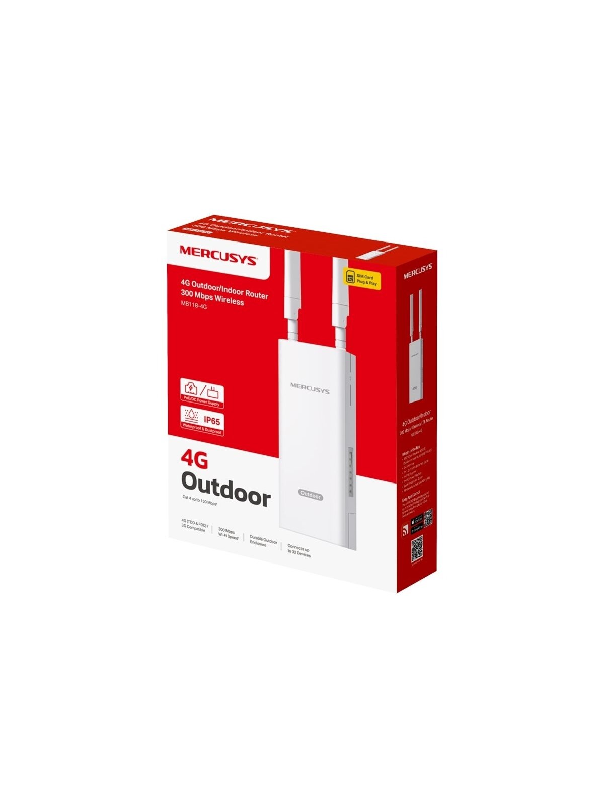 Mercusys MB118-4G | 300 Mbps Wireless 4G LTE Outdoor/Indoor Router | 802.11b | Ethernet LAN (RJ-45) ports 1 | Mesh Support No | 4G | MU-MiMO No | Antenna type Internal 3