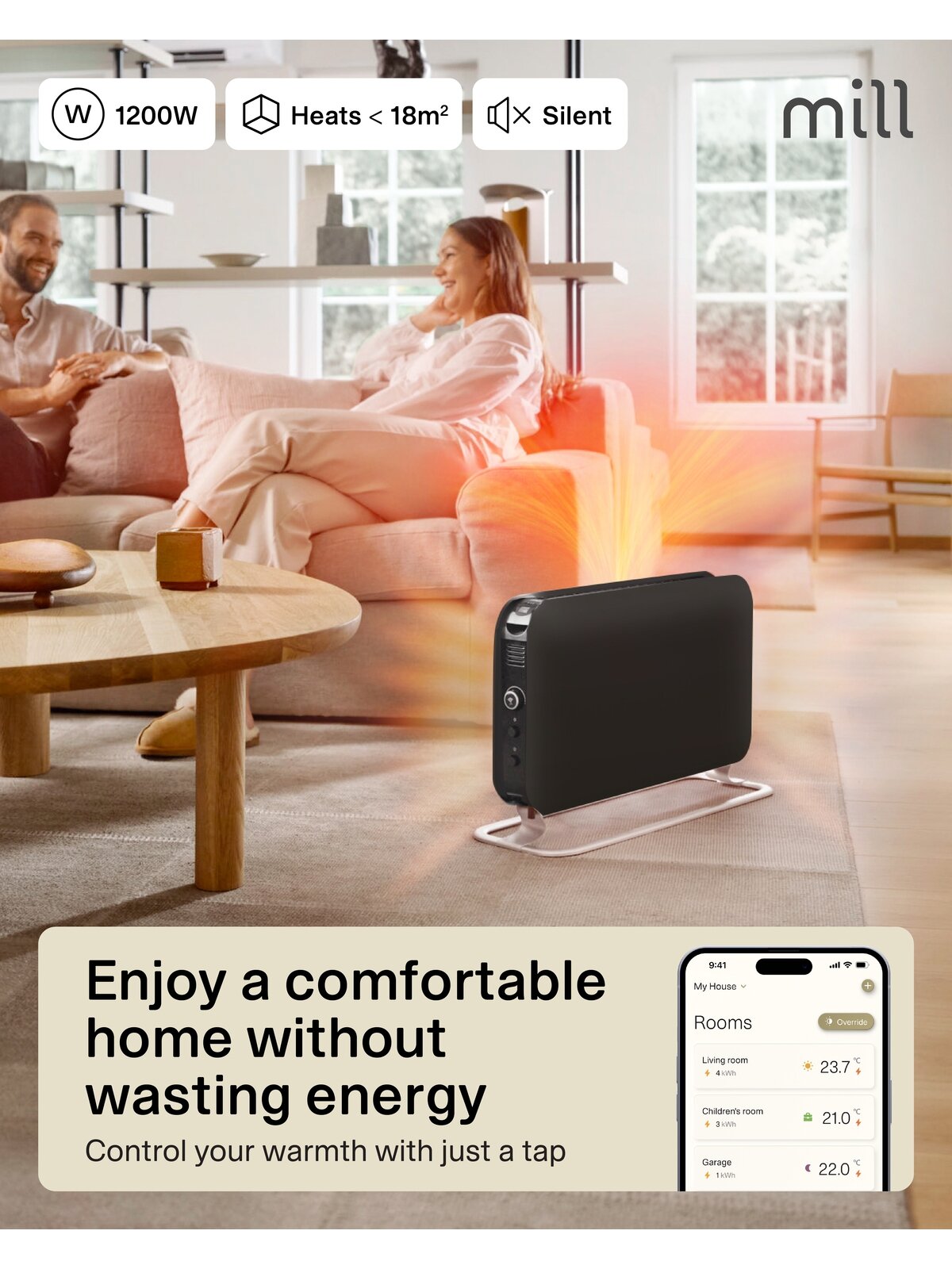 Mill CO1200WIFI3BLACK GEN3 Convection Heater, 1200W, Steel fronts, LED display, Black | Mill | Heater | CO1200WIFI3BLACK GEN3 | Convection Heater | 1200 W | Black 7