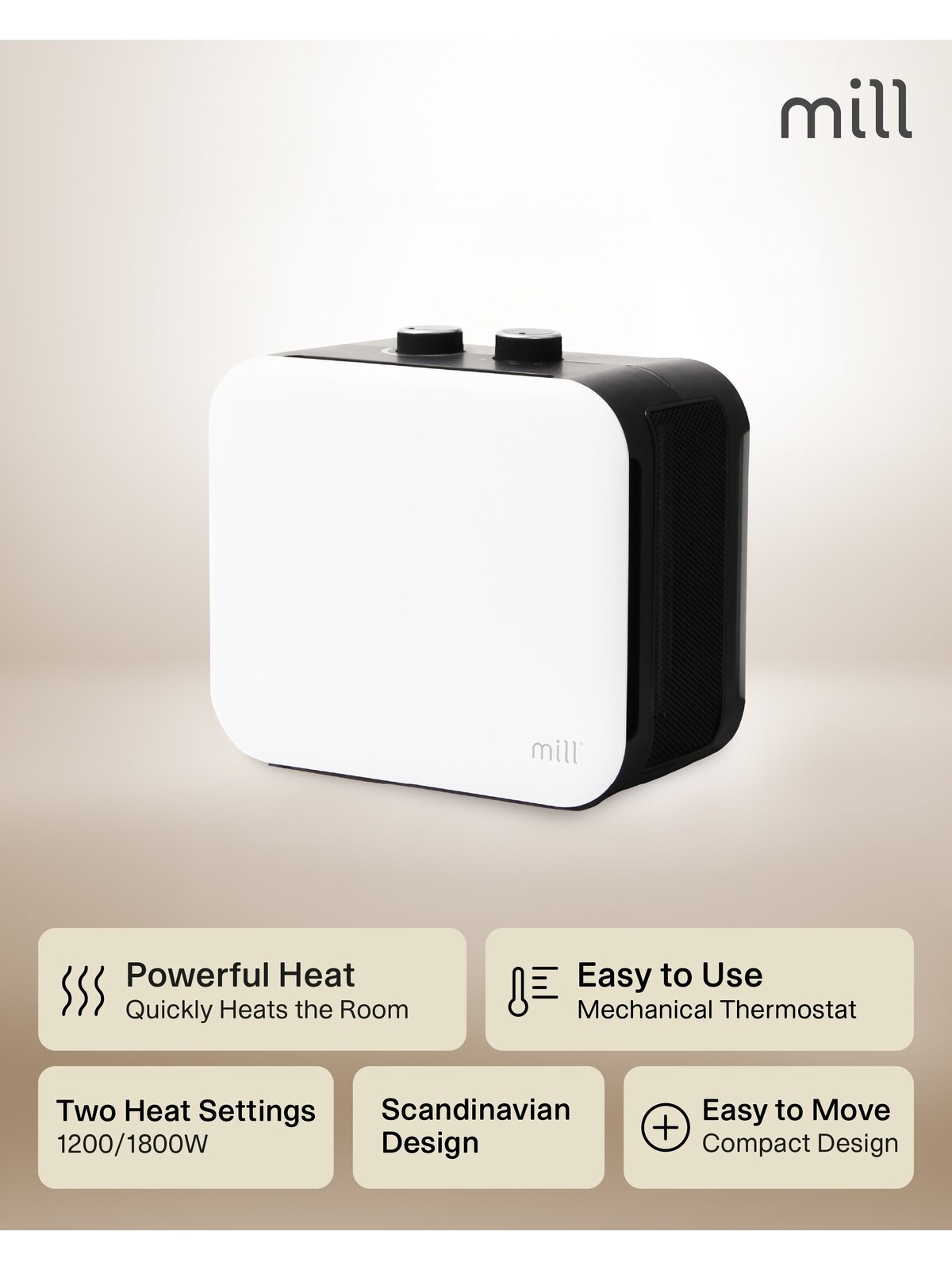 Mill | Compact PTC Fan Heater | CUS1800MECW | PTC Fan | 1800 W | Number of power levels 3 | Suitable for rooms up to 10-30 m² | White 3 Mill | Compact PTC Fan Heater | CUS1800MECW | PTC Fan | 1800 W | Number of power levels 3 | Suitable for rooms up to 10-30 m² | White 3