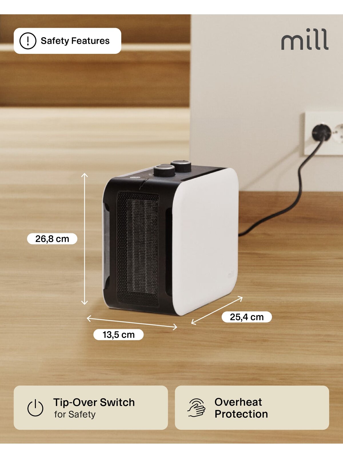 Mill | Compact PTC Fan Heater | CUS1800MECW | PTC Fan | 1800 W | Number of power levels 3 | Suitable for rooms up to 10-30 m² | White 4 Mill | Compact PTC Fan Heater | CUS1800MECW | PTC Fan | 1800 W | Number of power levels 3 | Suitable for rooms up to 10-30 m² | White 4