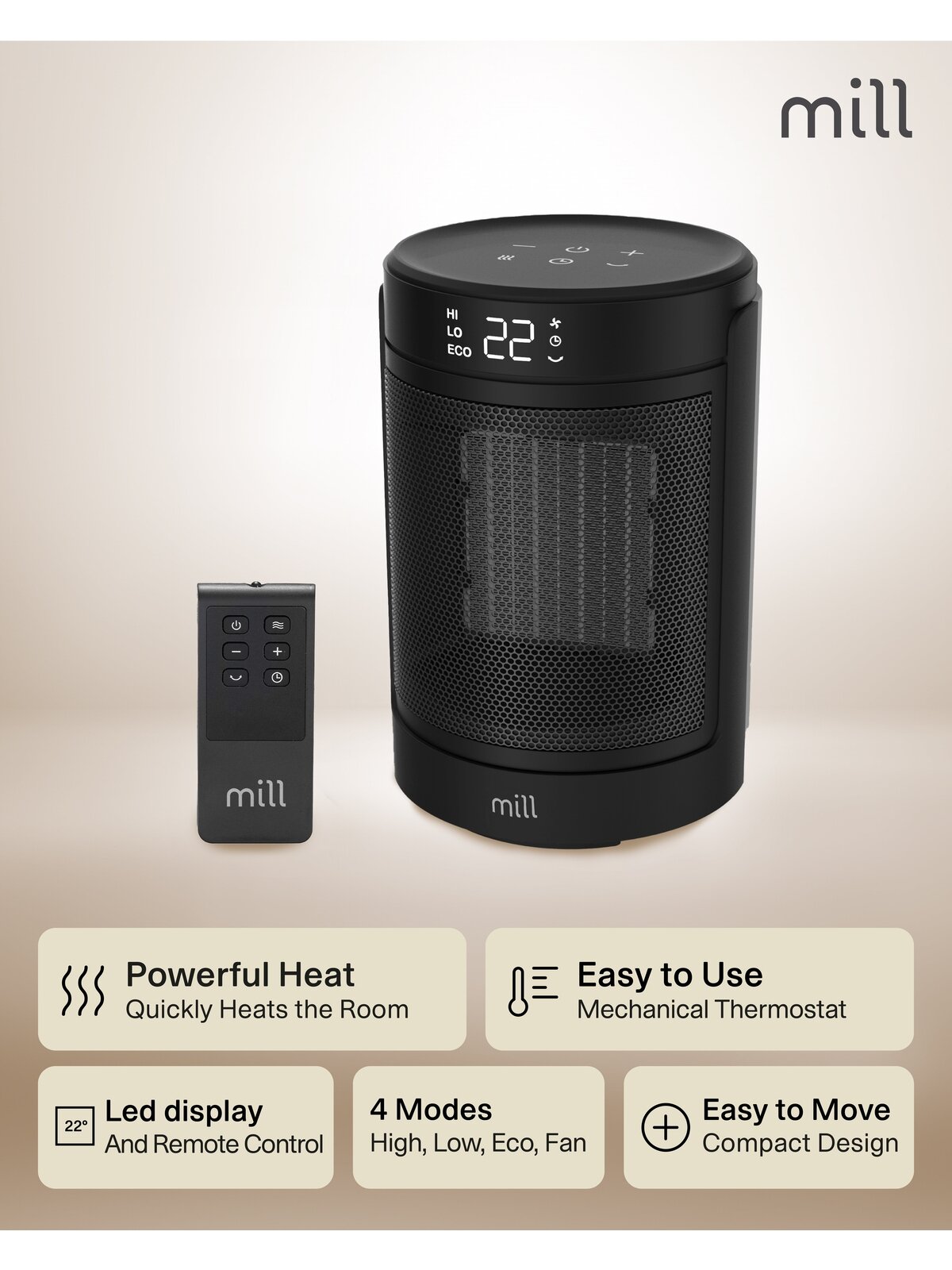 Mill FH1500BLACK | Ceramic fan heater | 1500 W | Suitable for rooms up to 22 m² | Black 3