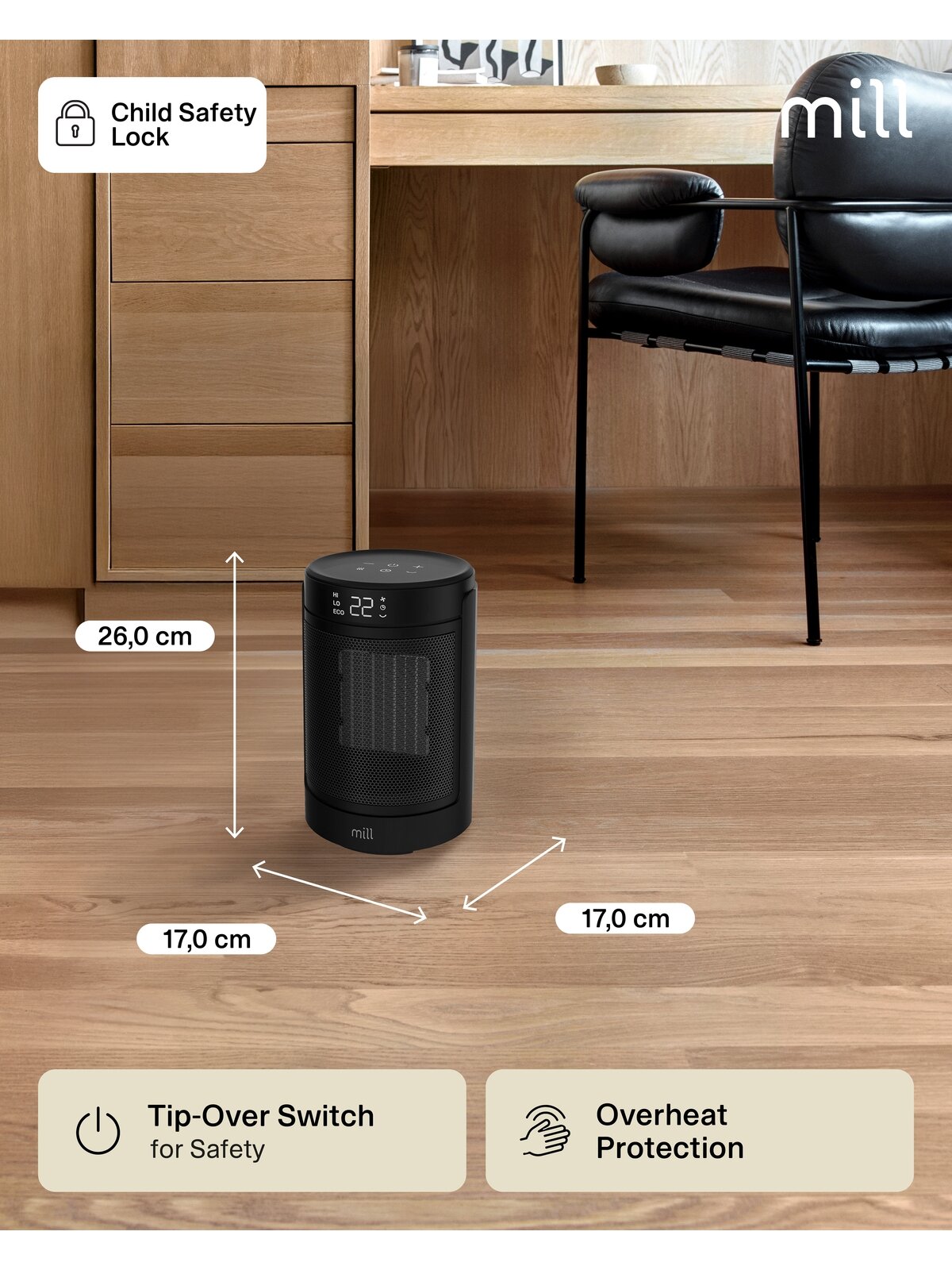 Mill FH1500BLACK | Ceramic fan heater | 1500 W | Suitable for rooms up to 22 m² | Black 4