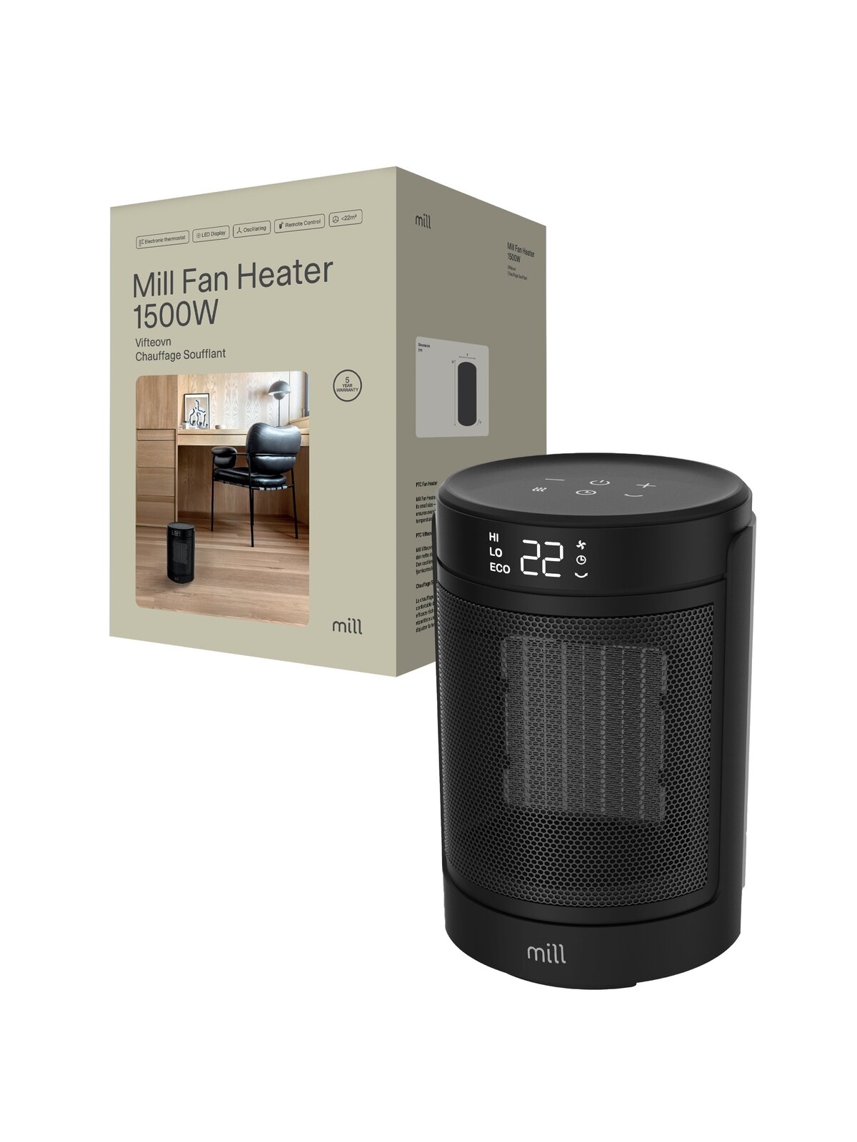 Mill FH1500BLACK | Ceramic fan heater | 1500 W | Suitable for rooms up to 22 m² | Black