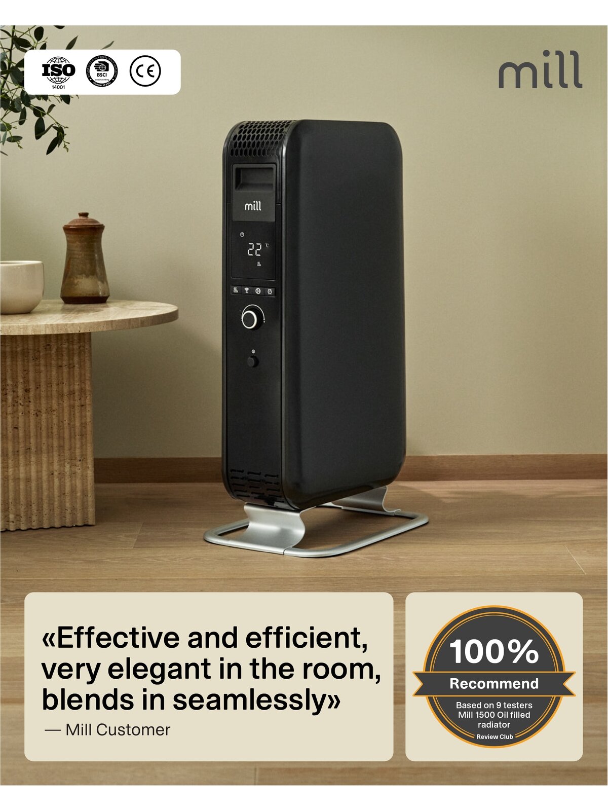 Mill | Heater | AB-H1000DN | Oil Filled Radiator | 1000 W | Number of power levels 3 | Suitable for rooms up to 12-16 m² | Black Mill | Heater | AB-H1000DN | Oil Filled Radiator | 1000 W | Number of power levels 3 | Suitable for rooms up to 12-16 m² | Black